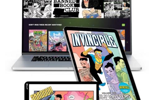 Computer, tablet, phone with various graphic novels pictured