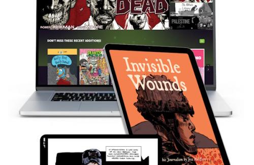 Laptop, tablet and phone with various graphic novels pictured