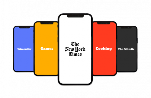 Five iphones in a row with different NYT resources shown on each screen.