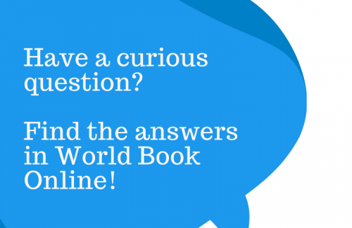 Blue text bubble "Have curious question? Find answers in World Book Online"