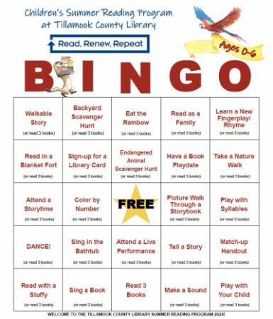 Kids Summer Reading BINGO Sheet for ages 0 to 6.
