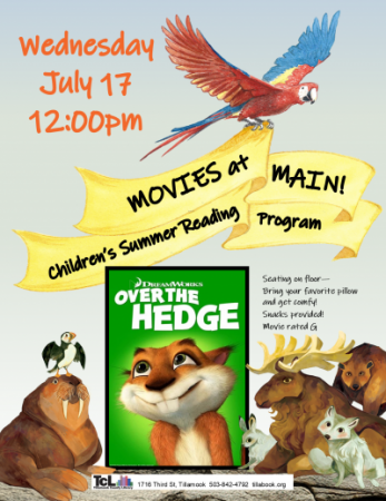 A parrot flies over the The Over the Hedge movie while animals look on
