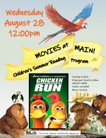 A parrot flies over the The Chicken Run movie while animals look on