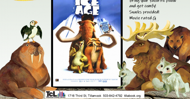 A parrot flies over the The Ice Age movie while animals look on